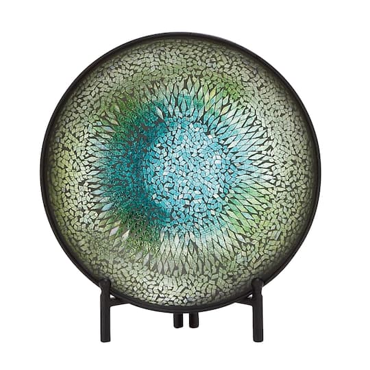 14" Green & Blue Glass Glam Decorative Plate with Stand
